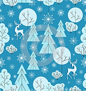 Christmas deers. Tree. Snowflakes. Seamless pattern.